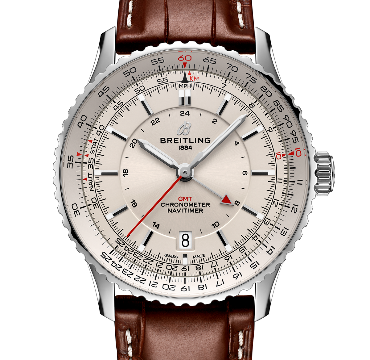 BRT Navitimer Automatic GMT 41 Watch with Brown Leather Strap