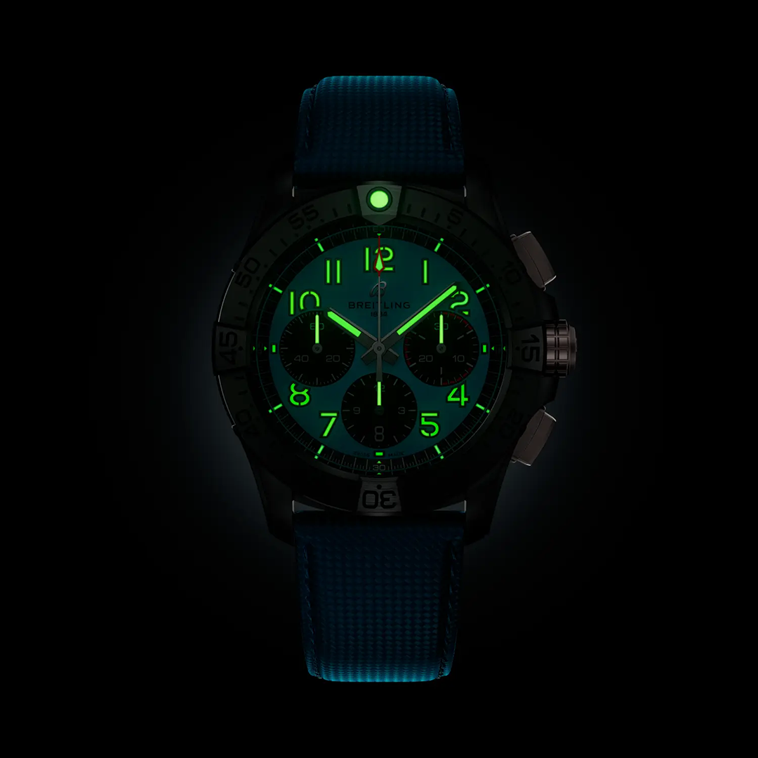 BRT Avenger B01 Chronograph 42 Night Mission Watch with Turquoise Strap
