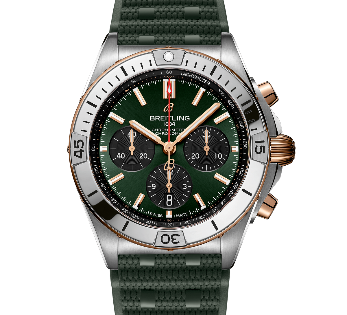 BRT Chronomat B01 Chronograph 42 Watch with Green Dial and Rubber Strap