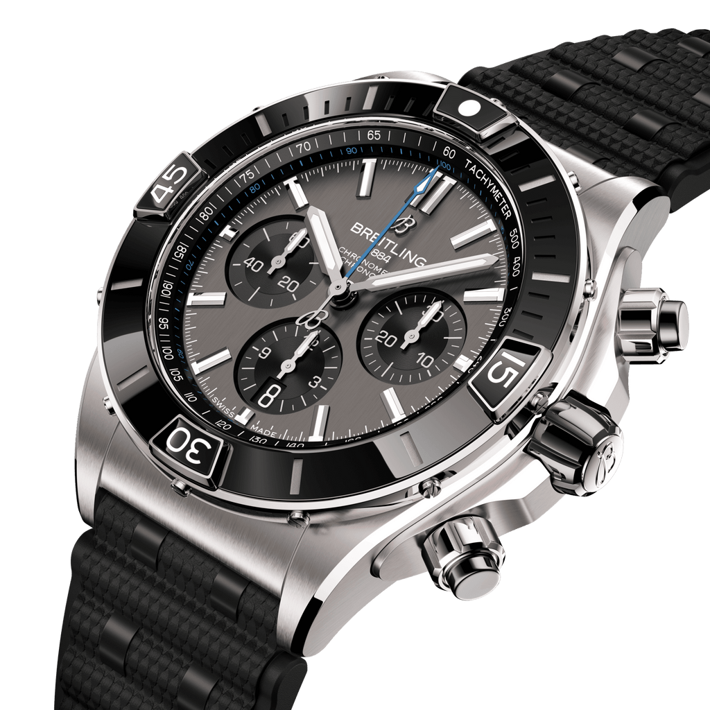 BRT Super Chronomat B01 44 Watch with Black Rubber Rouleaux Strap