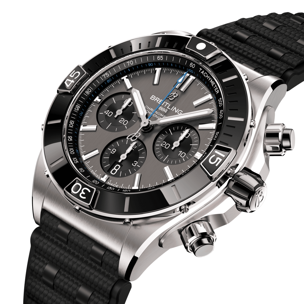 BRT Super Chronomat B01 44 Watch with Black Rubber Rouleaux Strap