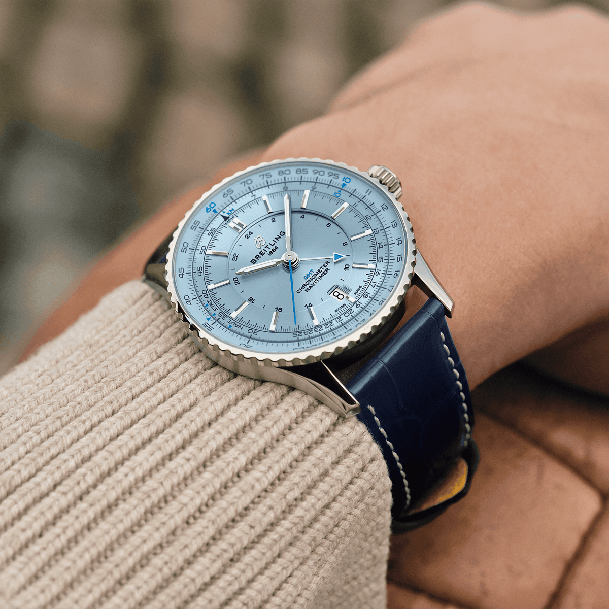 BRT Navitimer Automatic GMT 41 Watch with Navy Leather Strap